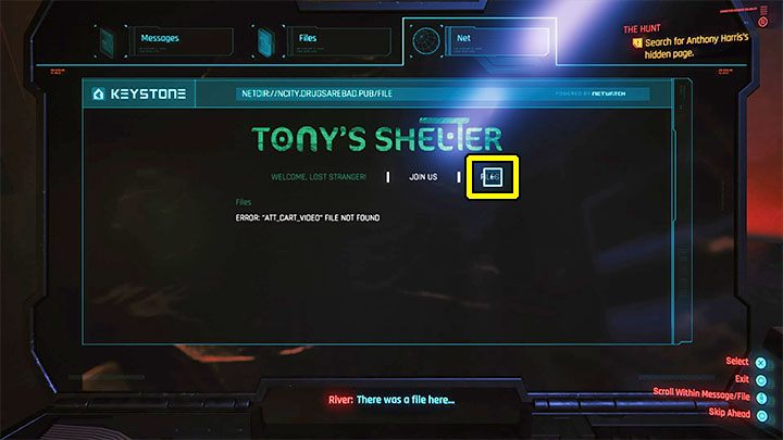 Na stronie Tonys Shelter sprawdź sekcje Join Us (dołącz do nas) i Pliki (Files) - Cyberpunk 2077: Kwestia czasu/The Hunt (River) - solucja, opis przejścia - Cyberpunk 2077 - poradnik do gry