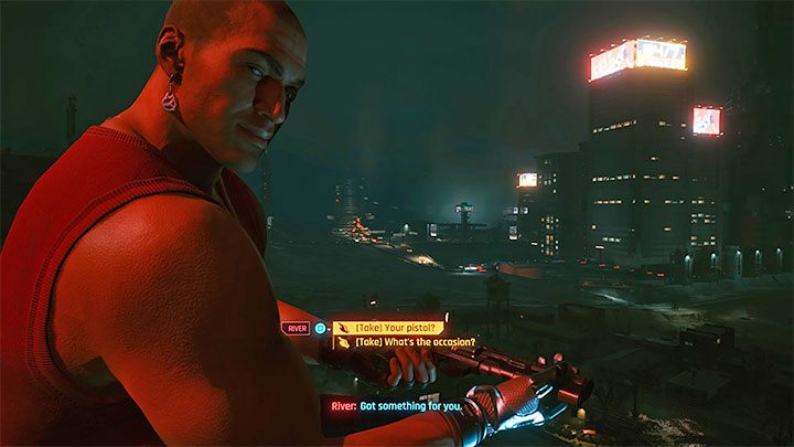W kolejnej części questu do zaliczenia są wspólna kolacja oraz wyprawa z Riverem na szczyt wieży - Cyberpunk 2077: Chłopiec z pistoletem/Following the River (River) - solucja - Cyberpunk 2077 - poradnik do gry