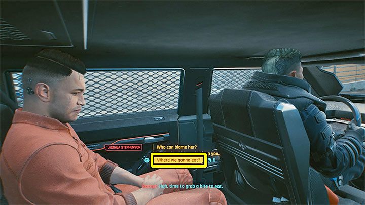 Podczas przejażdżki autem do restauracji pojawia się kolejna opcja dialogowa, której wybranie może przyczynić się do porażki braindansu Joshuy - Cyberpunk 2077: Znak Jonasza - solucja, opis przejścia - Cyberpunk 2077 - poradnik do gry