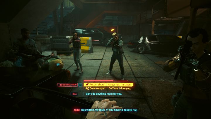Zostaniecie zaskoczeni przez agentów Biotechnica chcących pojmać Nele za jej wcześniejsze działania w ramach Ognistego Świtu - Cyberpunk Phantom Liberty: Kontrakt: Ścieżki odkupienia - solucja, opis przejścia - Cyberpunk 2077 - poradnik do gry