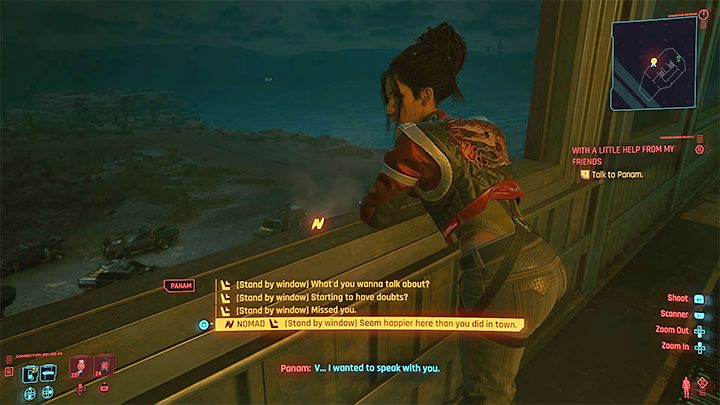 Panam oprze się o balustradę i rozpocznie się rozmowa z nią - Cyberpunk 2077: Nie mów Saulowi (Panam) - solucja, opis przejścia - Cyberpunk 2077 - poradnik do gry