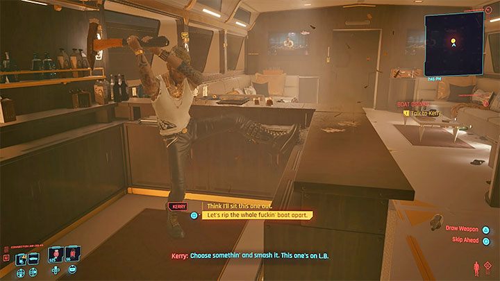 W trakcie długiej podróży łodzią możesz wybierać dowolne opcje dialogowe, jak również ją przyśpieszyć po tym jak zakończy się rozmowa - Cyberpunk 2077: Teoria wielkiego wybuchu (Kerry)/Boat Drinks - solucja - Cyberpunk 2077 - poradnik do gry