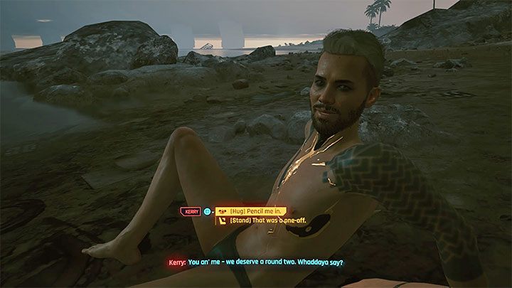 Po tym jak wskoczysz do wody popłyń w stronę brzegu i zaczekaj aż dołączy do ciebie Kerry - Cyberpunk 2077: Teoria wielkiego wybuchu (Kerry)/Boat Drinks - solucja - Cyberpunk 2077 - poradnik do gry