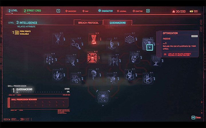 2) Możesz odblokowywać atuty z kategorii Naruszenie protokołu (Breach Protocol) i Hakowanie bojowe (Quickhacking) powiązane z obniżaniem wymagań co do ilości pamięci RAM - Cyberpunk 2077: Ilość pamięci RAM cyberdecku - jak zwiększyć? - Cyberpunk 2077 - poradnik do gry