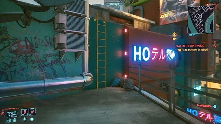 W dalszej części wspinaczki możesz skorzystać z żółtej drabiny lub po prostu doskakiwać do wyższych półek i chwytać się ich - Cyberpunk 2077: Bliźniacy/czempioni w Kabuki - jak pokonać? - Cyberpunk 2077 - poradnik do gry
