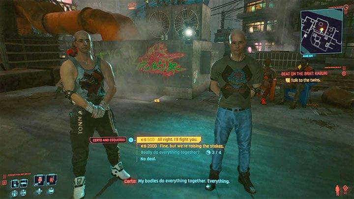 Zagadaj do Certo i Esquerdo żeby dowiedzieć się, że musisz z nimi jednocześnie walczyć, tzn - Cyberpunk 2077: Bliźniacy/czempioni w Kabuki - jak pokonać? - Cyberpunk 2077 - poradnik do gry