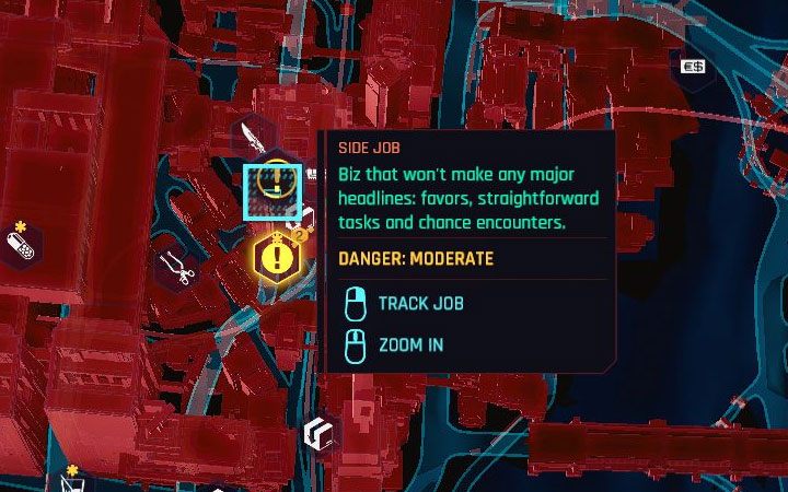 Na mapie Night City oprócz pytajników pojawiają się też wykrzykniki symbolizujące zadania poboczne - Cyberpunk 2077: Czy są pytajniki na mapie? - Cyberpunk 2077 - poradnik do gry