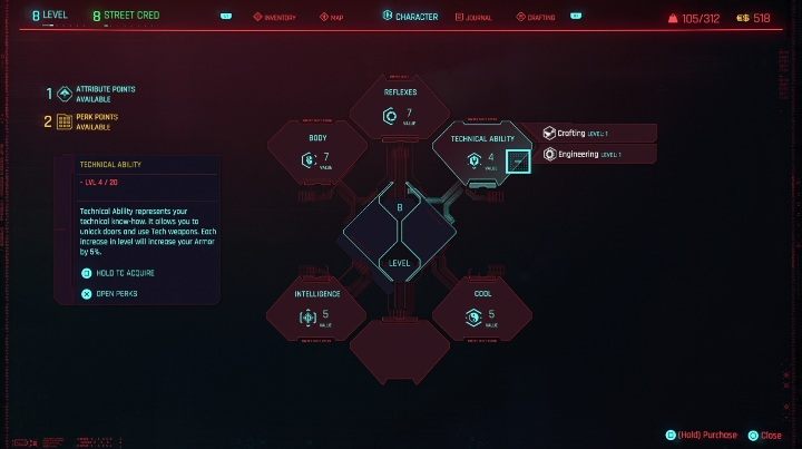 W grze jest pięć atrybutów, z których każdy odpowiadana innym statystykom i umiejętnościom - Cyberpunk 2077: Rozwój postaci - Cyberpunk 2077 - poradnik do gry