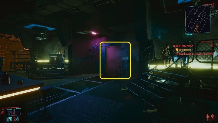 Gdy będziesz na miejscu, wejdź na górne piętro klubu i przejdź przez drzwi po prawej stronie - obok nich stoi ochroniarz - Cyberpunk 2077: Czynnik ludzki/Transmission - solucja, opis przejścia - Cyberpunk 2077 - poradnik do gry