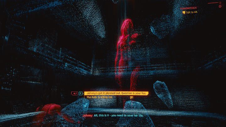 Dotknij Blackwalla i porozmawiaj z Alt, a po chwili przeniesiesz się do bezpiecznego miejsca w Cyberprzestrzeni w którym NetWatch nie będzie mógł jej dosięgnąć - Cyberpunk 2077: Czynnik ludzki/Transmission - solucja, opis przejścia - Cyberpunk 2077 - poradnik do gry