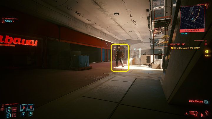 Furgonetka o której wspominał Placide znajduje się na samym końcu atrium - Cyberpunk 2077: Rozpoznanie wzorca/I Walk the Line - solucja, opis przejścia - Cyberpunk 2077 - poradnik do gry