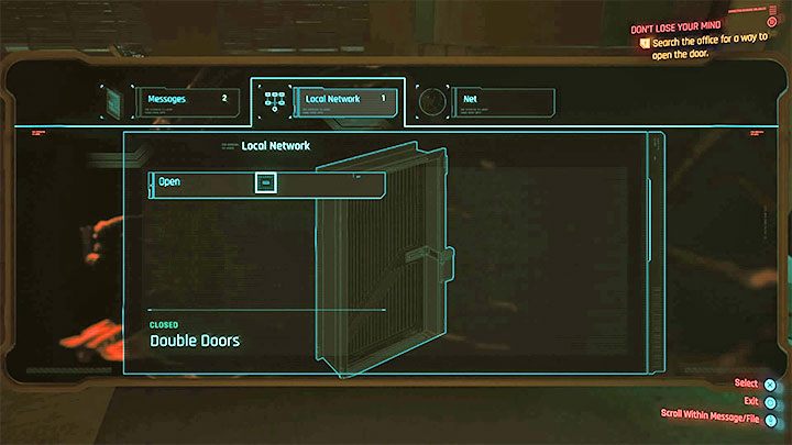 Po uzyskaniu dostępu do komputera przejdź do zakładki sieci lokalnej i wybierz opcję zdalnego otwarcia drzwi - Cyberpunk 2077: Delamain: Reanimacja/Dont Lose Your Mind - solucja - Cyberpunk 2077 - poradnik do gry