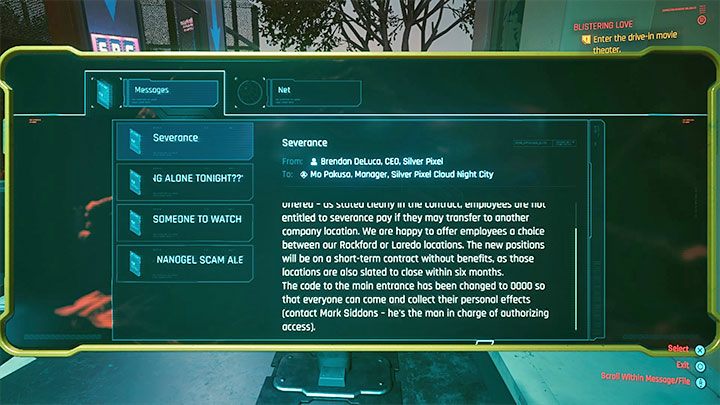 Z otwarciem drzwi w kinie Drive-In Teather powiązana jest drobna zagadka - Cyberpunk 2077: W starym kinie (Rogue i Johnny)/Blistering Love - solucja - Cyberpunk 2077 - poradnik do gry