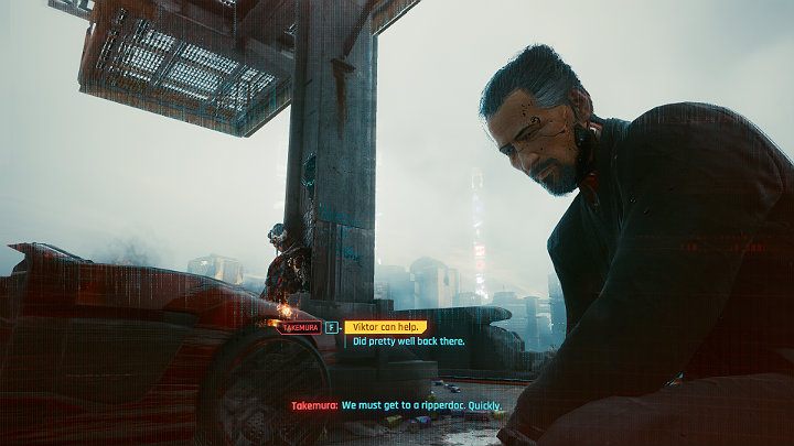 Takemura zabiera V ze złomowiska i razem udaje im się ujść z życiem przed zabójcami wysłanymi jego tropem przez korporację Arasaka - Cyberpunk 2077: Goro Takemura - towarzysz - Cyberpunk 2077 - poradnik do gry