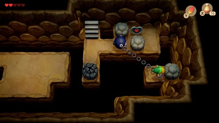 Przesuń dolny kamień w prawo, aby można było skoczyć po przekątnej na mały kawałek podłogi - Bottle Grotto | Solucja The Legend of Zelda Links Awakening - The Legend of Zelda Links Awakening - poradnik do gry