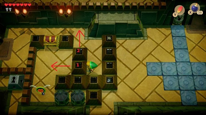 Umieść bomby centralnie przed pyskami węży Donongo, aby je pokonać - Key Cavern | Solucja The Legend of Zelda Links Awakening - The Legend of Zelda Links Awakening - poradnik do gry