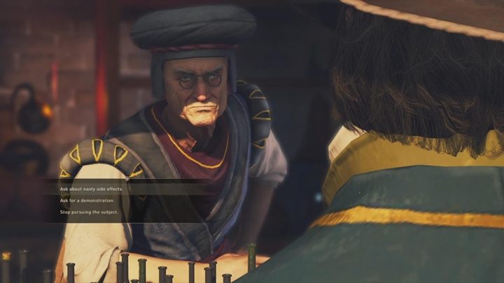 Idź we wskazane miejsce, a spotkasz alchemika, który próbuje sprzedać swój eliksir na wszystko zgromadzonemu tłumowi - GreedFall: Szarlatan - solucja, opis przejścia - GreedFall - poradnik do gry