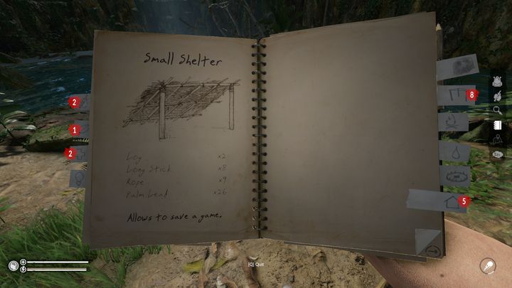 Budynki umożliwiające zapisywanie rozgrywki mają w notatniku odpowiednią adnotację. - Green Hell: Zapis gry w trybie multiplayer - jak? - Green Hell - poradnik do gry