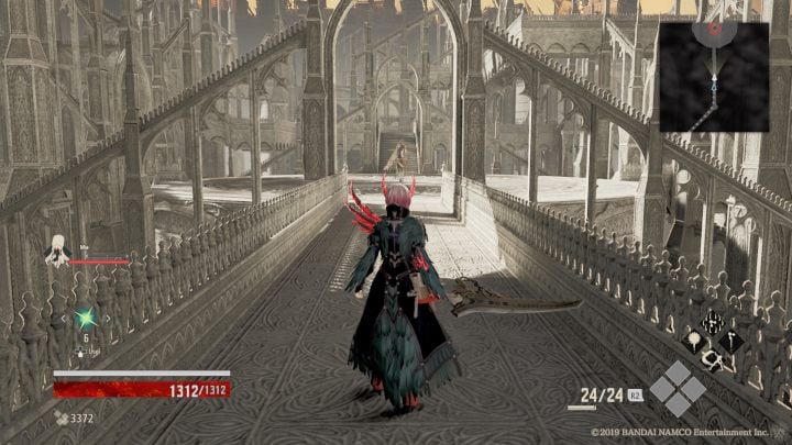 Idąc dalej, na środku wielkiej areny spotkasz pierwszego nowego przeciwnika, który może się teleportować do ciebie, sygnalizuje to czarnym dymem - Cathedral of the Sacred Blood | Solucja Code Vein - Code Vein - poradnik do gry