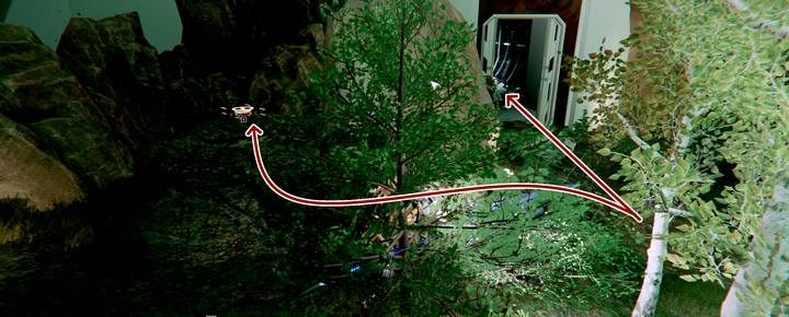 Na placu przed tarasem z napisem Gideons Rock, obok drzwi prowadzących do reflektora w Mustang Hills - The Surge 2: Port Gideons Rock - nagrania, sekrety - The Surge 2 - poradnik do gry