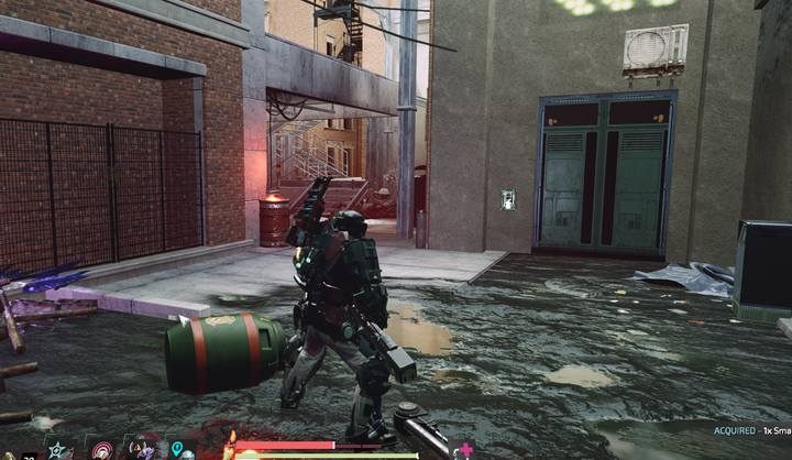 Drzwi, które otwiera znaleziona karta nie znajdują się daleko, bo na końcu uliczki - The Surge 2: Król szabrowników - solucja, opis przejścia - The Surge 2 - poradnik do gry