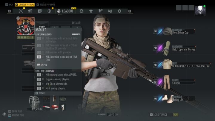 Wyzwania klas postaci podejrzeć można na ekranie ekwipunku. - Rozwój postaci i wyzwania klas postaci w Tom Clancys Ghost Recon Breakpoint - Tom Clancys Ghost Recon Breakpoint - poradnik do gry