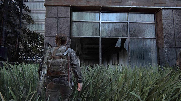 Obróć się w prawo i wejdź do pokazanego na obrazku budynku z dużymi rozbitymi szklanymi ścianami - The Last of Us 2: Zejście sekrety / The Descent, znajdźki - The Last of Us 2 - poradnik do gry