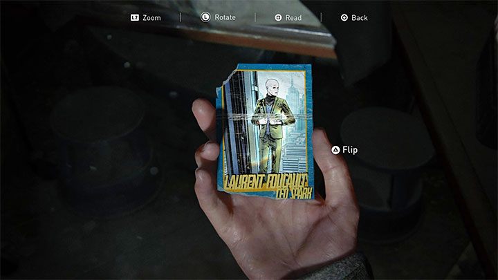 W etapie zatytułowanym Patrol Ellie może natrafić na kartę kolekcjonerską (znajdźkę) Laurent Foucault, CEO Spark - The Last of Us 2: Easter-eggi - rozdziały Ellie - The Last of Us 2 - poradnik do gry