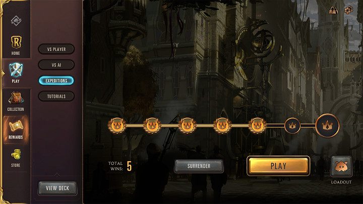Na poziomej linii postępu zaznaczono 7 koron, a każda z nich reprezentuje jeden wygrany pojedynek - Ekspedycje - Tryby rozgrywki w - Legends of Runeterra - poradnik do gry