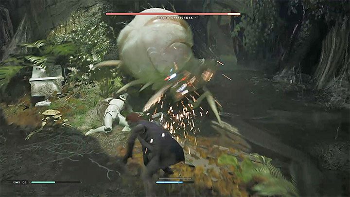 Albino Wyyyschokka najlepiej atakować po każdym udanym parowaniu oraz każdym nieudanym ataku ze strony potwora - Albino Wyyyschokk (planeta Kashyyyk) | Boss w Jedi Upadły Zakon / Fallen Order - Star Wars Jedi Fallen Order - poradnik do gry