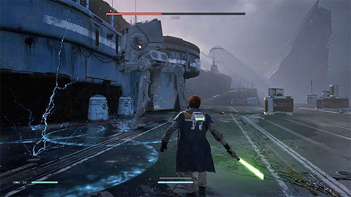 Drugi rodzaj ataków to rozrzucanie niebieskich granatów - AT-ST (planeta Zeffo) | Boss w Jedi Upadły Zakon / Fallen Order - Star Wars Jedi Fallen Order - poradnik do gry