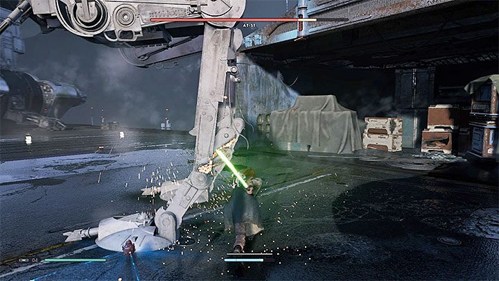 Najlepszym sposobem na szybkie osłabianie AT-ST jest atakowanie mieczem świetlnym dolnych kończyn maszyny - AT-ST (planeta Zeffo) | Boss w Jedi Upadły Zakon / Fallen Order - Star Wars Jedi Fallen Order - poradnik do gry