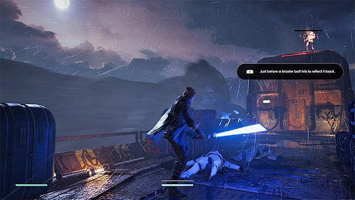 Po wyjściu z wagonu gra zaproponuje przetestowanie blokowania oraz odbijania pocisków mieczem świetlnym - Prolog (Wysypisko) - solucja Jedi Upadły zakon / Fallen Order - Star Wars Jedi Fallen Order - poradnik do gry