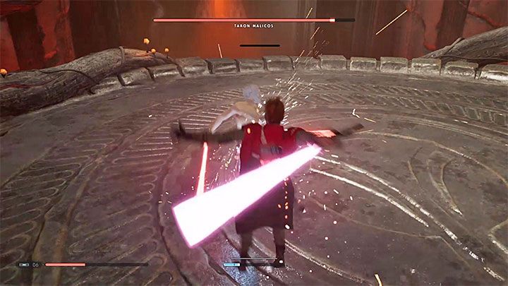 Podobnie jak w przypadku pojedynku z Dziewiątą Siostrą staraj się dążyć do wyczerpywania paska kondycji bossa - Taron Malicos | Boss w Jedi Upadły Zakon / Fallen Order - Star Wars Jedi Fallen Order - poradnik do gry