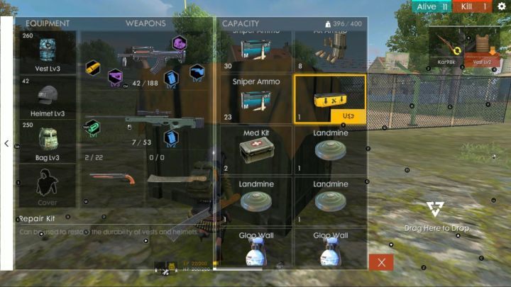 Podgląd na aktualny ekwipunek postaci. - Ekwipunek - dostępne przedmioty i obsługa | Garena Free Fire - Garena Free Fire - poradnik do gry