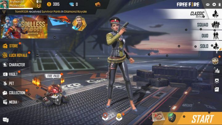 W prawym górnym rogu ekranu znajdziesz przycisk do zmiany trybu pomiędzy Solo, Duo i Squad. - Tryby rozgrywki | Garena Free Fire - Garena Free Fire - poradnik do gry