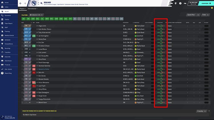 Zawsze zwracaj uwagę na kondycję zawodników, którzy mają wyjść na murawę boiska w pierwszym składzie - Jak przygotować się do meczu w grze Football Manager 2020 - Football Manager 2020 - poradnik do gry