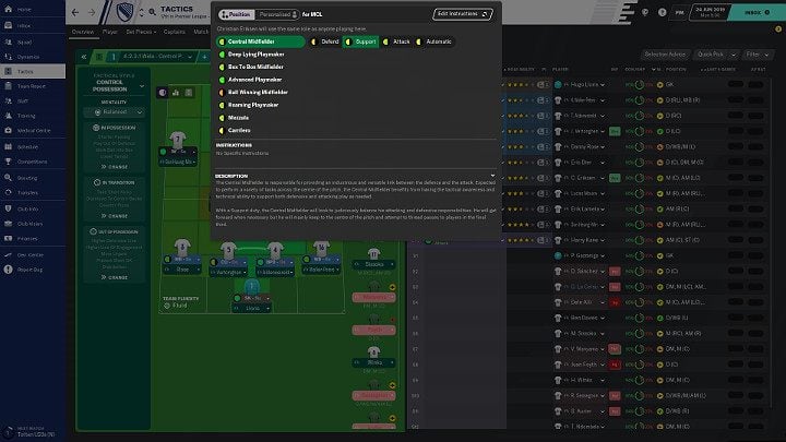 Po wybraniu formacji przyjdzie pora na zastanowienie się, jakie role na boisku będą pełnić poszczególni piłkarze - Taktyka w Football Manager 2020 - Football Manager 2020 - poradnik do gry