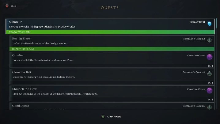 Aby odebrać nagrodę musisz po prostu wejść w menu, otworzyć zakładkę z misjami i kliknąć w odpowiedni klawisz (A na padzie) aby odebrać nagrodę - Darksiders Genesis: Misje poboczne - Darksiders Genesis - poradnik do gry