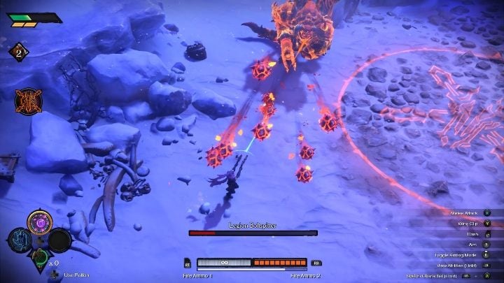 Specjalnym atakiem przeciwnika jest wyrzucanie ognistych granatów - Darksiders Genesis: Legion Boltspitter boss - rozdział 5, walka - Darksiders Genesis - poradnik do gry