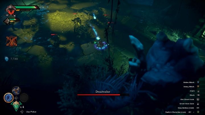 Specjalnym atakiem przeciwnika szybki wyskok podczas, którego może uderzyć Cię tarczą - Darksiders Genesis: Dreadwalker boss - rozdział 7, walka - Darksiders Genesis - poradnik do gry