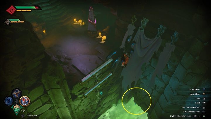 Za rurami z trującą wodą znajduje się mała półka skalna z kamieniem przywoływania - Darksiders Genesis: Trująca woda, rozdział 8 - jak spuścić? - Darksiders Genesis - poradnik do gry