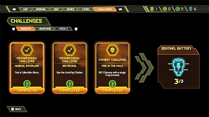 Nagroda za zaliczenie każdego zestawu 3 wyzwań misji to bateria Strażnika (Sentinel Battery) - Doom Eternal: Wyzwania - Doom Eternal - poradnik do gry