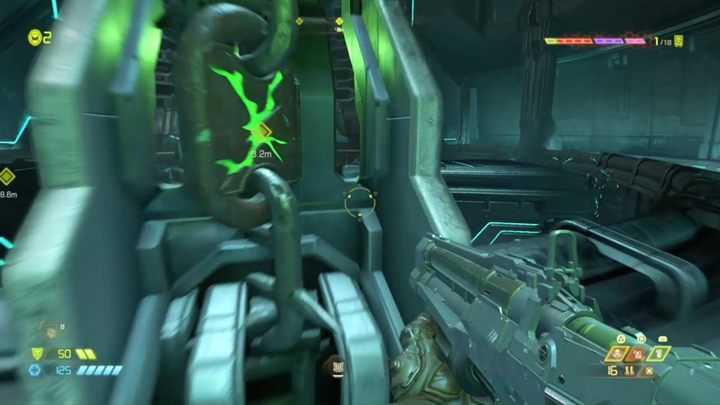 Wejdziesz do pomieszczenia z obracającymi się wahadłami, przejdź dalej i uderz pięścią tak, by przesunąć skrzynię na końcu komnaty - Doom Eternal: Exultia solucja, opis przejścia - Doom Eternal - poradnik do gry