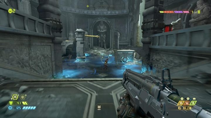 Przejdź przez uchylone drzwi i użyj uskoku, by przejść na drugą stronę i wejdź do sali - Doom Eternal: Exultia solucja, opis przejścia - Doom Eternal - poradnik do gry