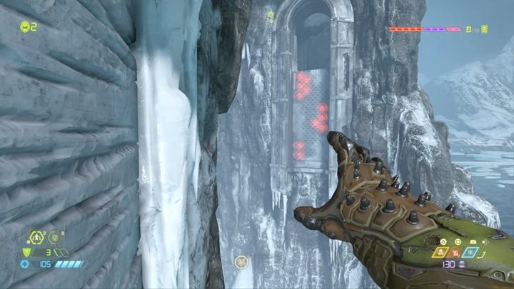 Stąd możesz wykonać skoku w kierunku kolejnej ściany, uważaj jednak na rozstawione miny - Doom Eternal: Baza Kultystów (Cultist Base) solucja, opis przejścia - Doom Eternal - poradnik do gry