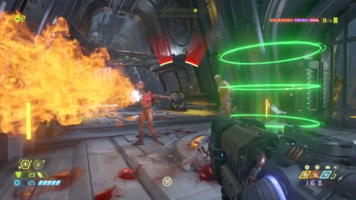 Następnie naciśnij zielony przycisk, stając na nim i zmierz się z nową odmianą wrogów - Antropokubem (Mancubus) - Doom Eternal: Baza Kultystów (Cultist Base) solucja, opis przejścia - Doom Eternal - poradnik do gry