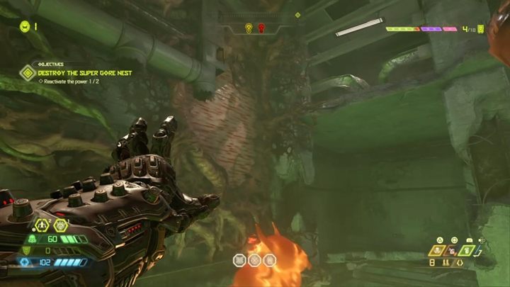 Musisz teraz wykonać skok tak, by złapać się ściany tuż obok zeskoku i skakać po kolejnych ścianach - Doom Eternal: Supergniazdo Juchy (Super Gore Nest) solucja, opis przejścia - Doom Eternal - poradnik do gry