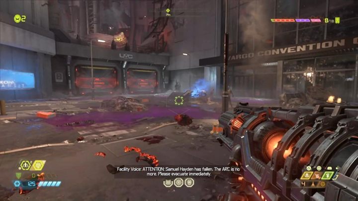 Po rozpoczęciu misji przejdź korytarzami i zeskocz w dół windy - Doom Eternal: Kompleks Arc (Arc Complex) solucja, opis przejścia - Doom Eternal - poradnik do gry