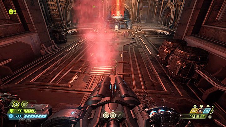 Trafienie w przycisk aktywuje pokazaną na obrazku czerwoną wyrzutnię - Doom Eternal: Pytajnik w Fortecy - jak dotrzeć? - Doom Eternal - poradnik do gry